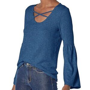 New Tribal Sweater Knit Top S Womens Scoop Neck Cross Detail Flare Long Sleeve